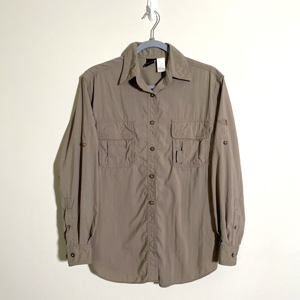 North Face Women's Small Tan Shirt Button Up Long Sleeve Outdoors Hike VTG 90's